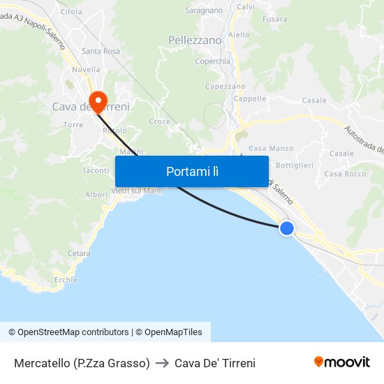 Mercatello (P.Zza Grasso) to Cava De' Tirreni map