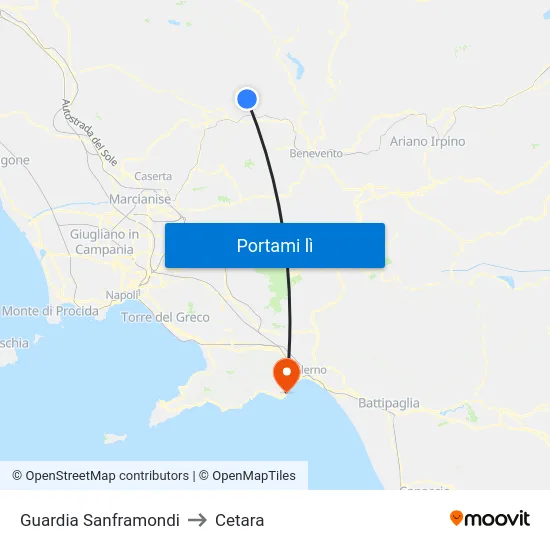 Guardia Sanframondi to Cetara map