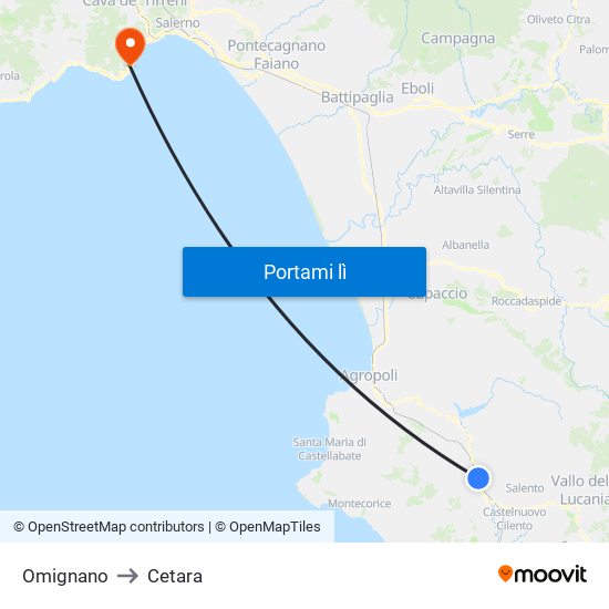 Omignano to Cetara map