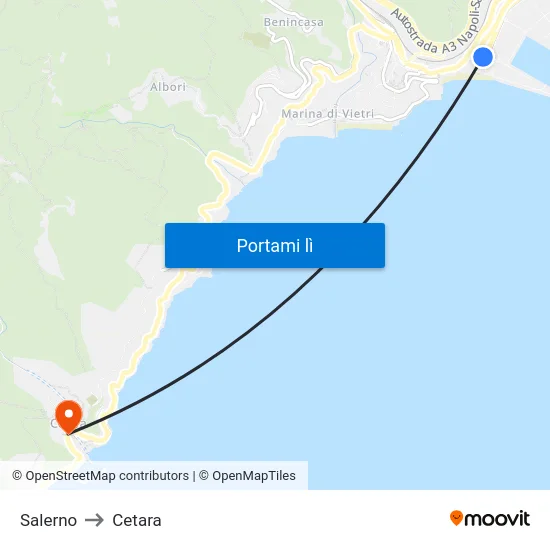 Salerno to Cetara map