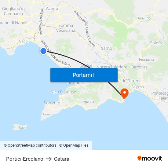 Portici-Ercolano to Cetara map