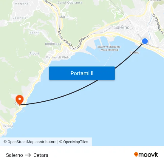 Salerno to Cetara map