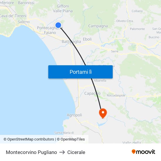 Montecorvino Pugliano to Cicerale map