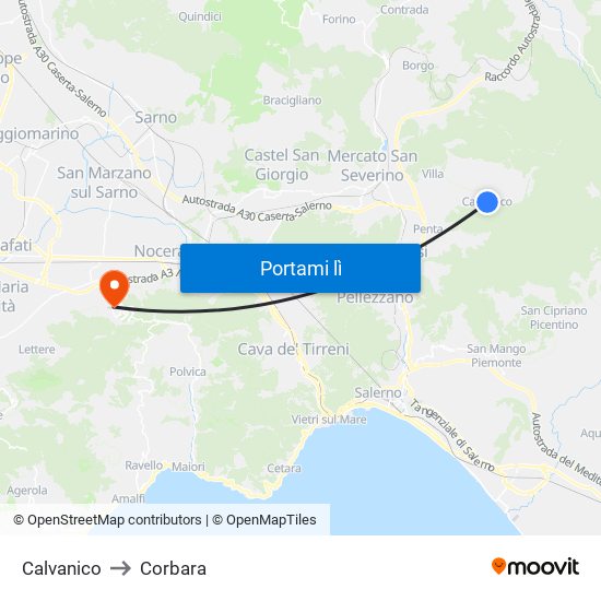 Calvanico to Corbara map