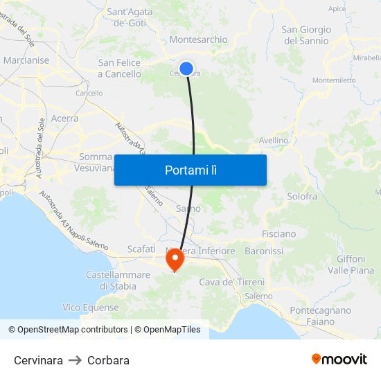 Cervinara to Corbara map