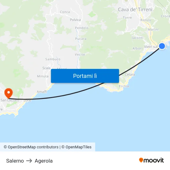 Salerno to Agerola map