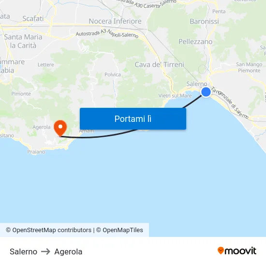 Salerno to Agerola map