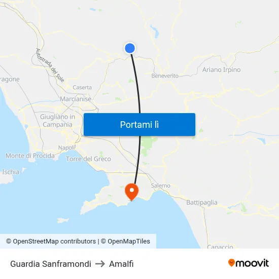 Guardia Sanframondi to Amalfi map