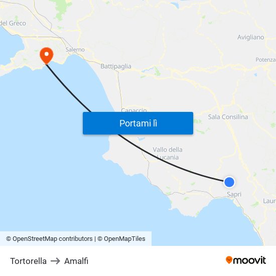 Tortorella to Amalfi map