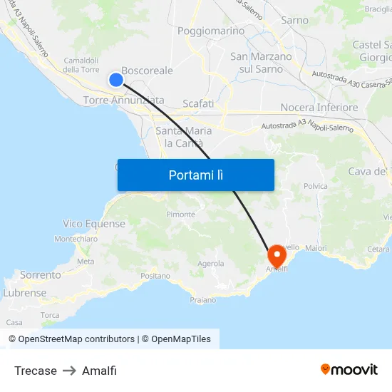 Trecase to Amalfi map