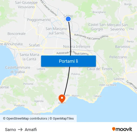 Sarno to Amalfi map