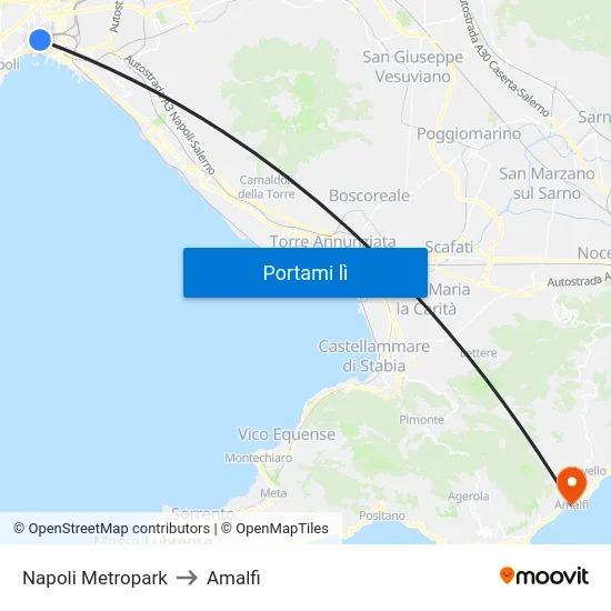 Napoli Metropark to Amalfi map