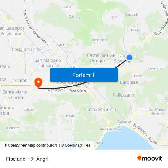 Fisciano to Angri map