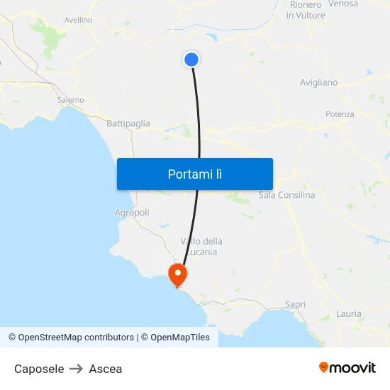 Caposele to Ascea map