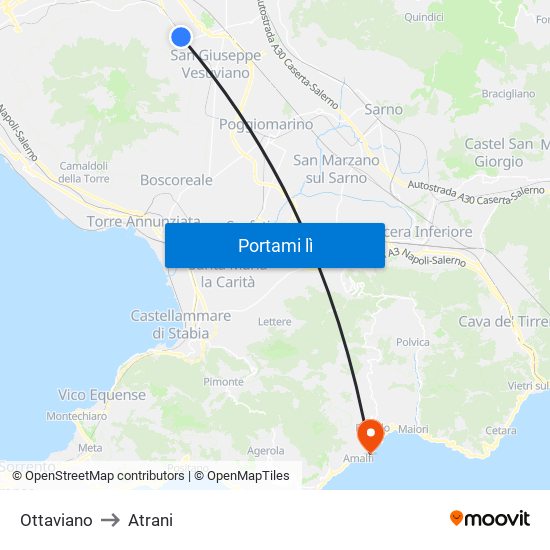 Ottaviano to Atrani map