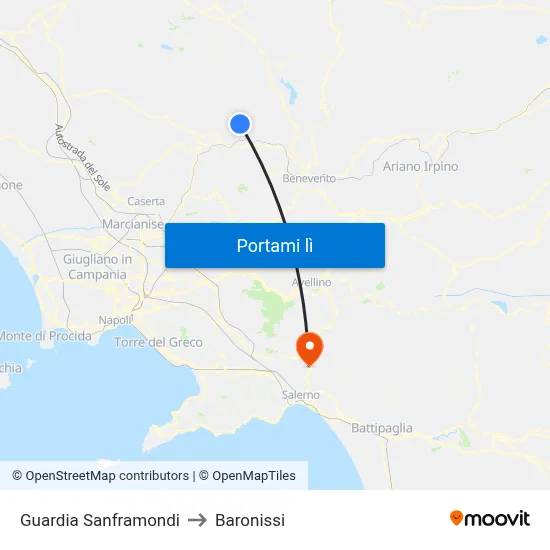 Guardia Sanframondi to Baronissi map