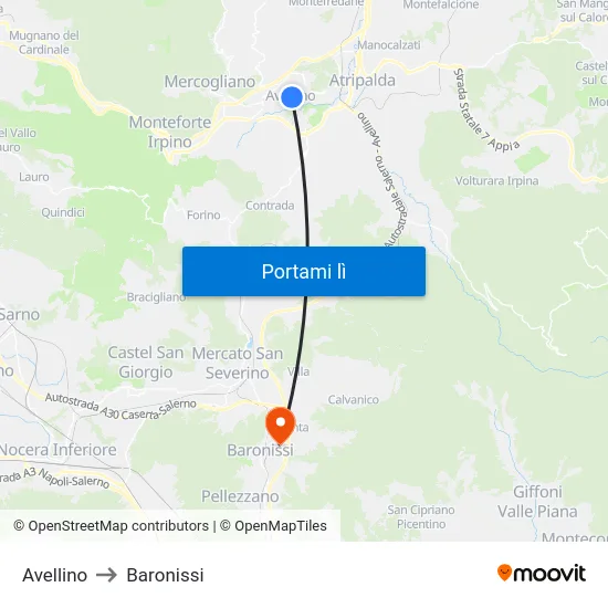 Avellino to Baronissi map