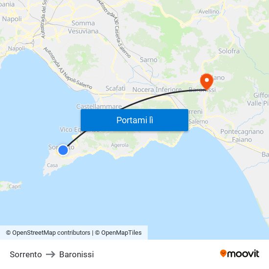 Sorrento to Baronissi map