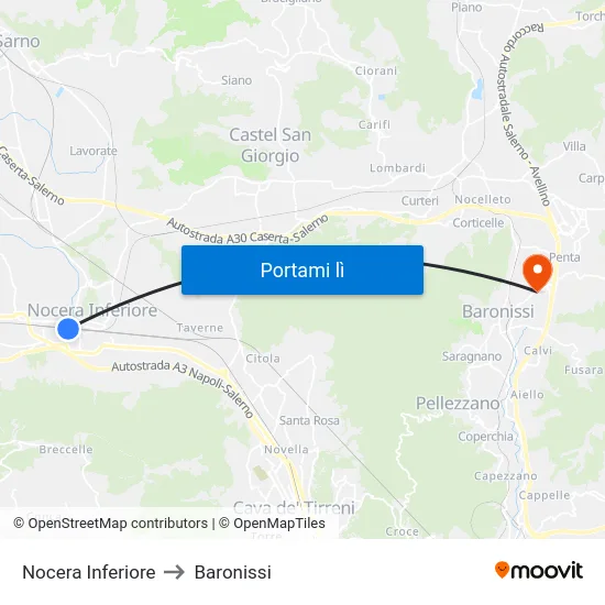 Nocera Inferiore to Baronissi map