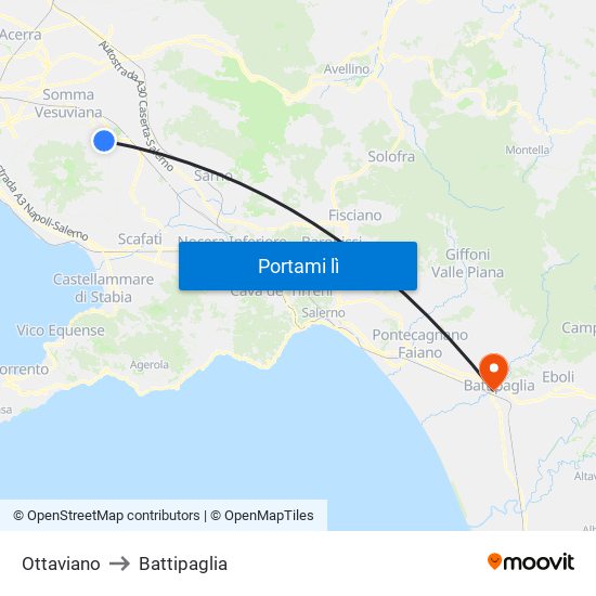 Ottaviano to Battipaglia map