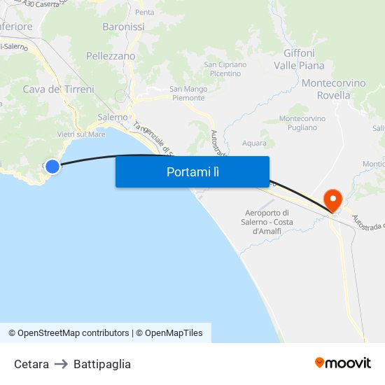 Cetara to Battipaglia map