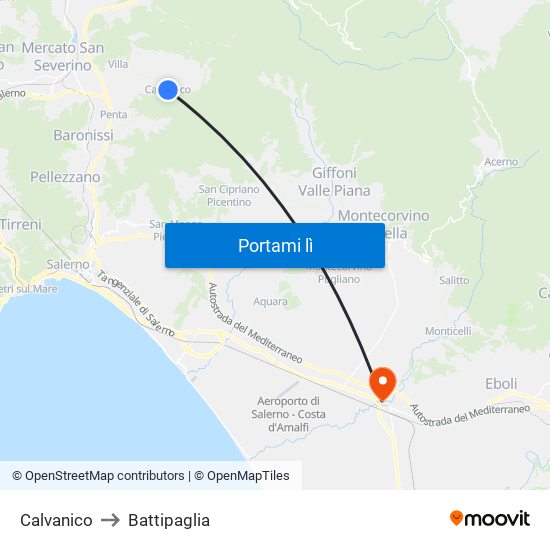 Calvanico to Battipaglia map