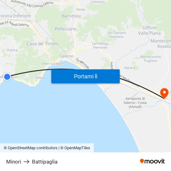 Minori to Battipaglia map