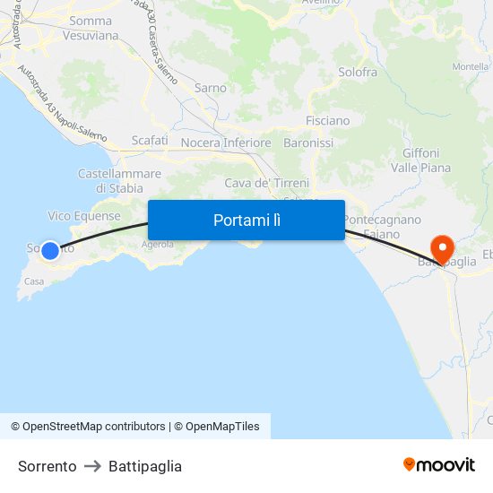 Sorrento to Battipaglia map