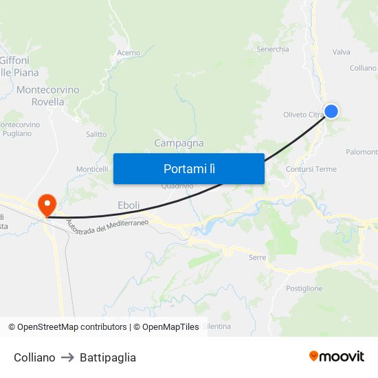 Colliano to Battipaglia map