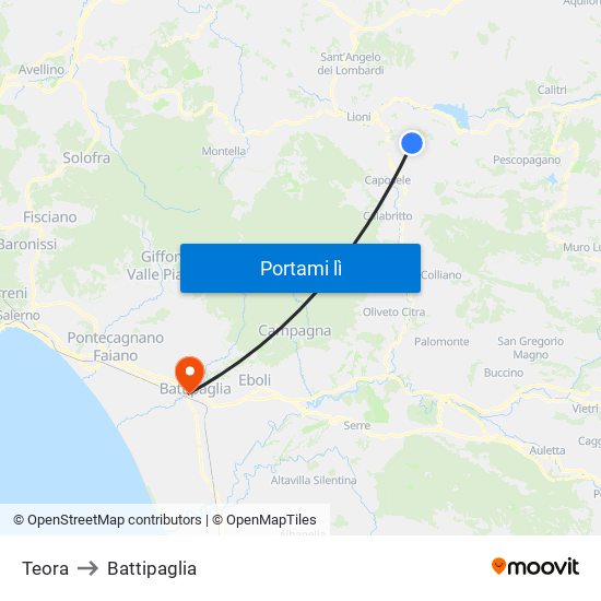 Teora to Battipaglia map