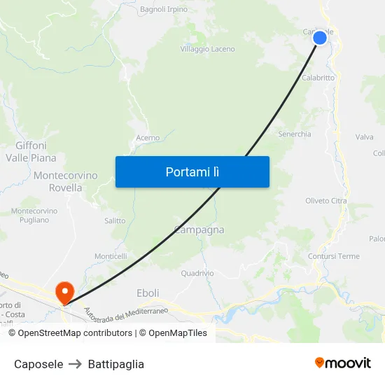 Caposele to Battipaglia map