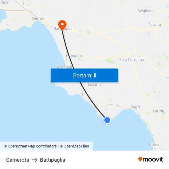 Camerota to Battipaglia map