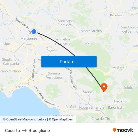 Caserta to Bracigliano map