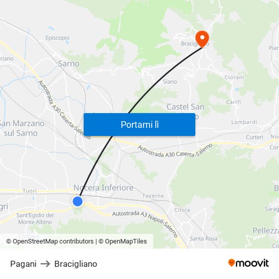 Pagani to Bracigliano map