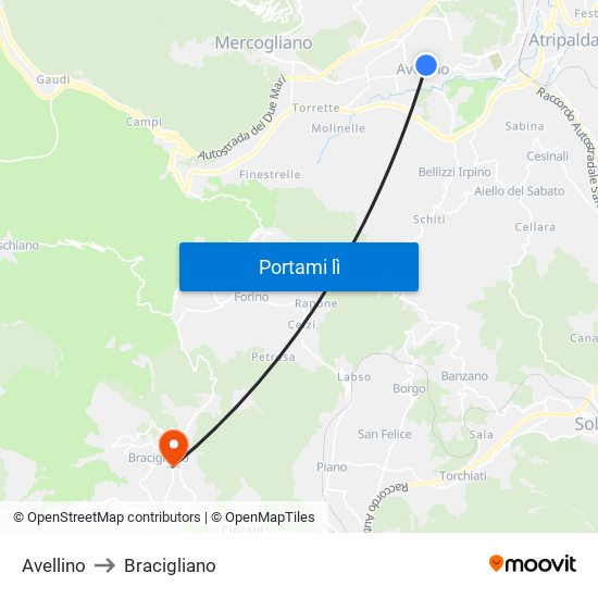 Avellino to Bracigliano map