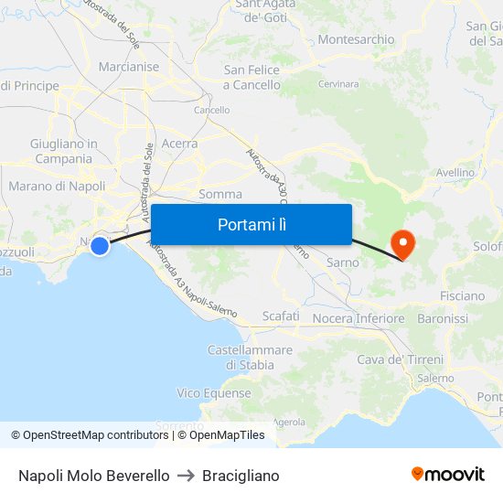 Napoli Molo Beverello to Bracigliano map