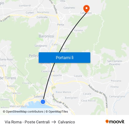 Via Roma - Poste Centrali to Calvanico map
