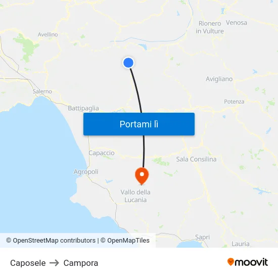 Caposele to Campora map
