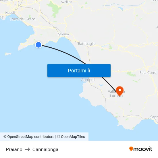 Praiano to Cannalonga map