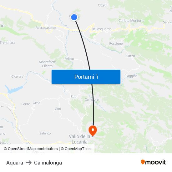 Aquara to Cannalonga map