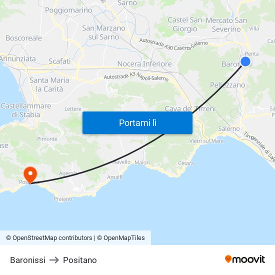 Baronissi to Positano map