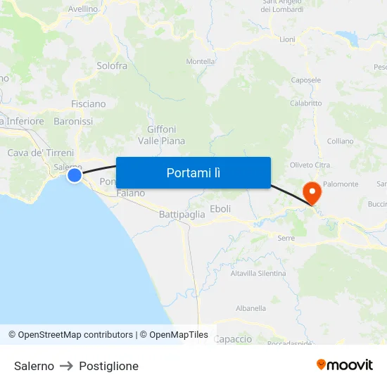 Salerno to Postiglione map