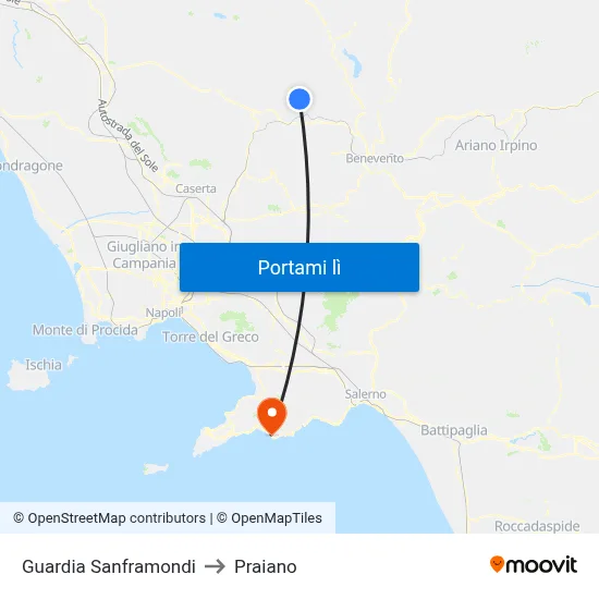 Guardia Sanframondi to Praiano map