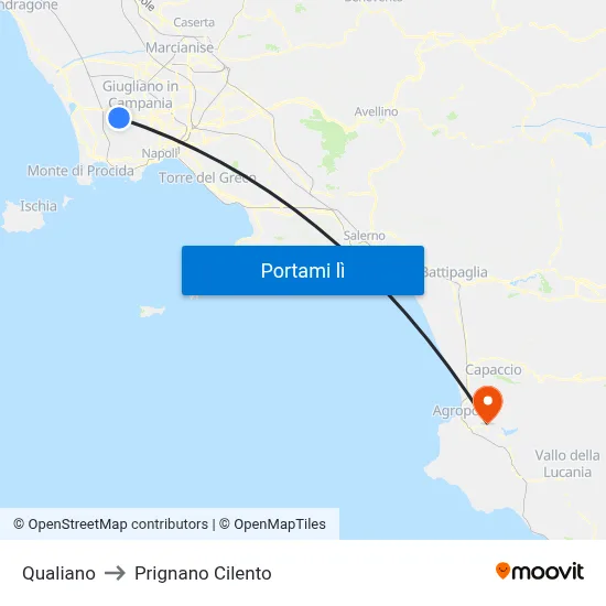 Qualiano to Prignano Cilento map