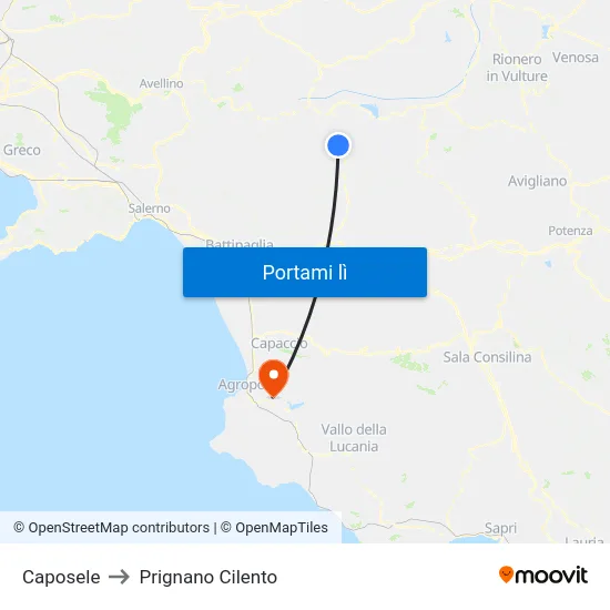 Caposele to Prignano Cilento map