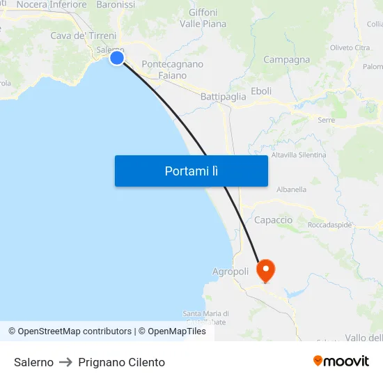 Salerno to Prignano Cilento map