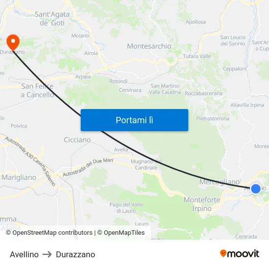 Avellino to Durazzano map