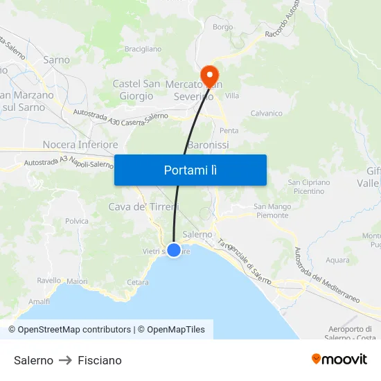 Salerno to Fisciano map