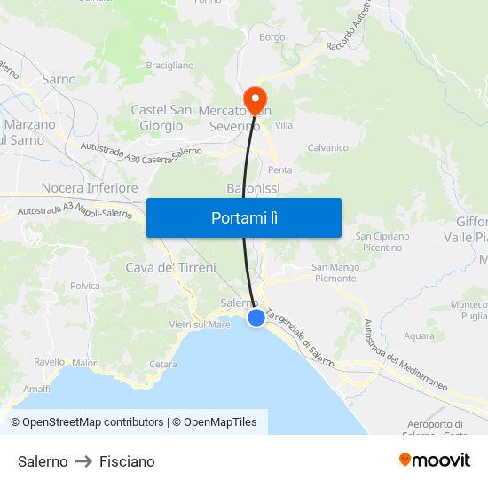 Salerno to Fisciano map