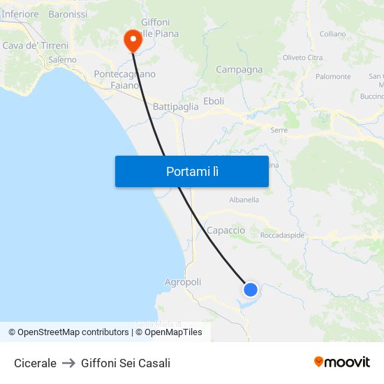 Cicerale to Giffoni Sei Casali map